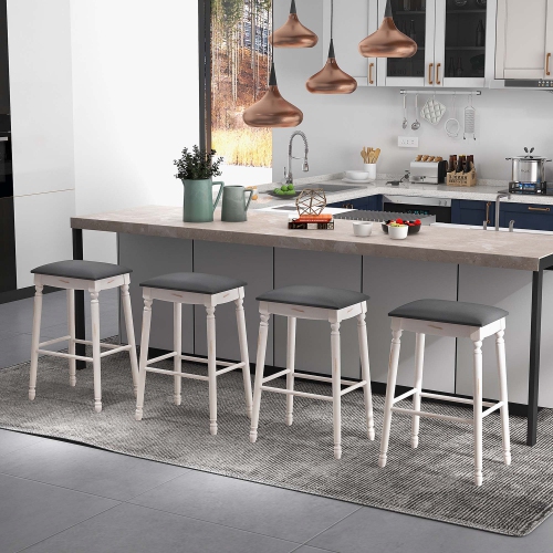 Costway 2 PCS 29" Bar Height Bar Stools Backless Bar Stools with Faux Leather Cover White&Gray