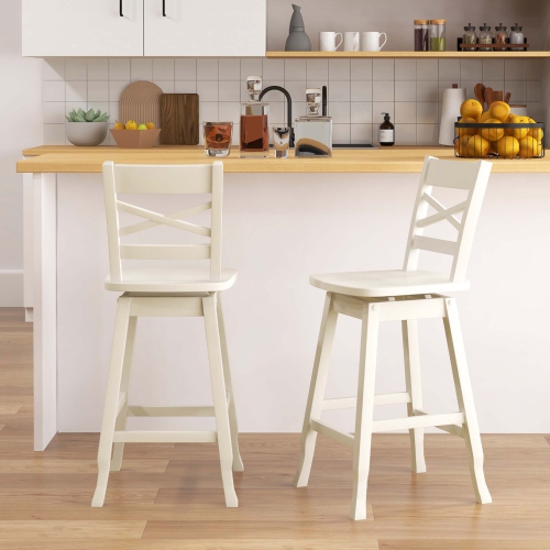 Costway 2 PCS 24" Counter Height Stool Rubber Wood Swivel Bar Stool with Inclined Backrest Cream