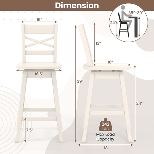 Costway 2 PCS 24" Counter Height Stool Rubber Wood Swivel Bar Stool with Inclined Backrest Cream