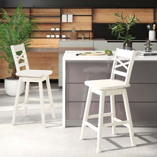Costway 2 PCS 24" Counter Height Stool Rubber Wood Swivel Bar Stool with Inclined Backrest Cream