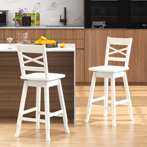 Costway 2 PCS 24" Counter Height Stool Rubber Wood Swivel Bar Stool with Inclined Backrest Cream