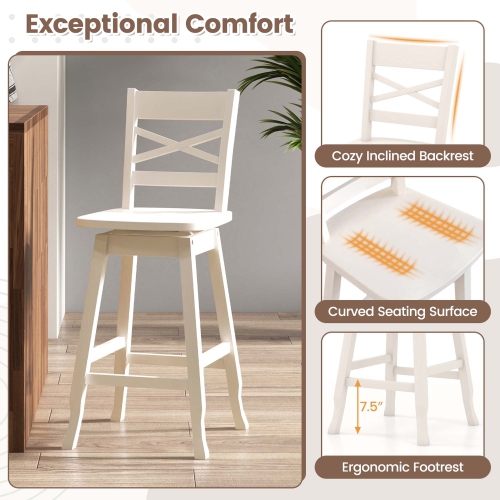 Costway 2 PCS 24" Counter Height Stool Rubber Wood Swivel Bar Stool with Inclined Backrest Cream