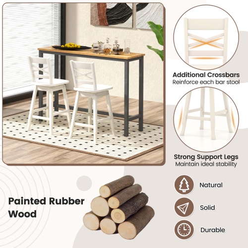 Costway 2 PCS 24" Counter Height Stool Rubber Wood Swivel Bar Stool with Inclined Backrest Cream