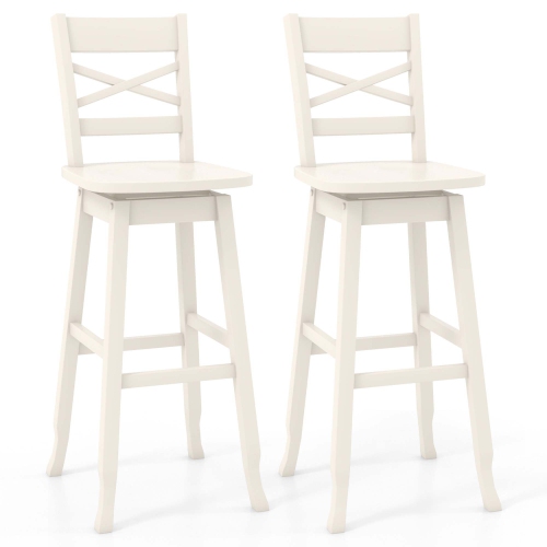 COSTWAY  2 PCs 30" Bar Height Stool Rubber Wood Swivel Bar Stool With Inclined Backrest Cream