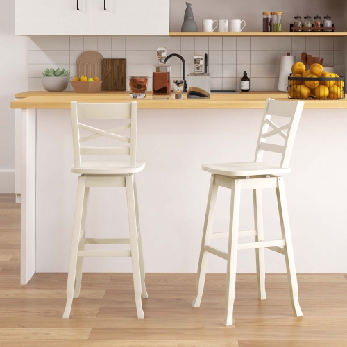 Costway 2 PCS 30" Bar Height Stool Rubber Wood Swivel Bar Stool with Inclined Backrest Cream