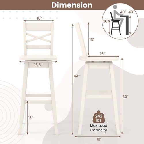 Costway 2 PCS 30" Bar Height Stool Rubber Wood Swivel Bar Stool with Inclined Backrest Cream