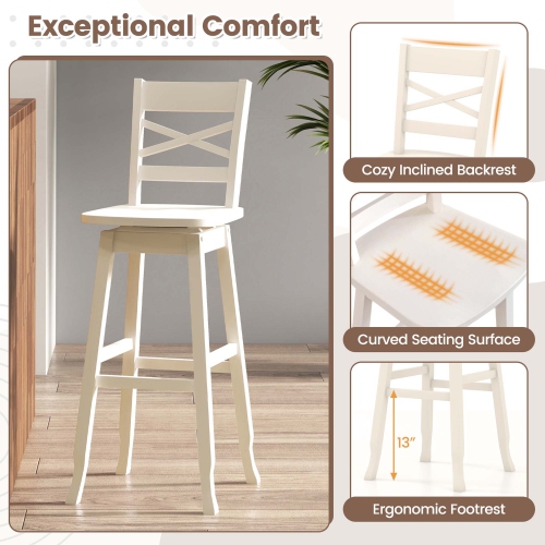 Costway 2 PCS 30" Bar Height Stool Rubber Wood Swivel Bar Stool with Inclined Backrest Cream