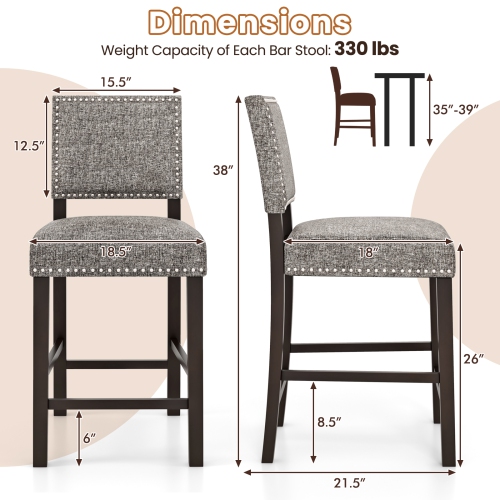 Ensemble de tabourets de bar rembourrés de Costway avec chaises de comptoir de 2 26 po, dossier et siège rembourrés