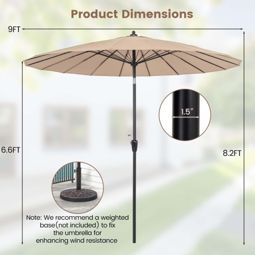 Costway 9 FT Patio Round Market Umbrella with Push Button Tilt, Crank Handle, Vented Top