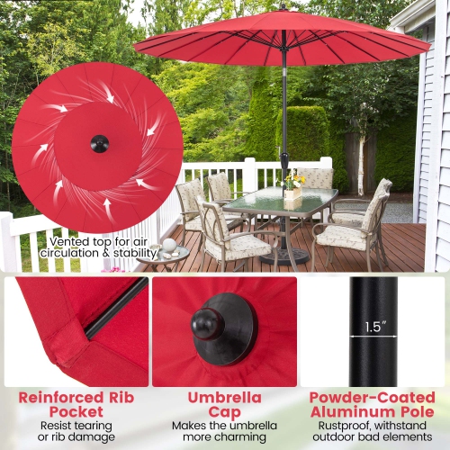 Costway 9 FT Patio Round Market Umbrella with Push Button Tilt, Crank Handle, Vented Top