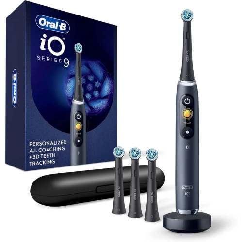 Oral-B Power iO Series 9 Electric Toothbrush - Black Onyx, Rechargeable with 4 Brush Heads and Charging Travel Case