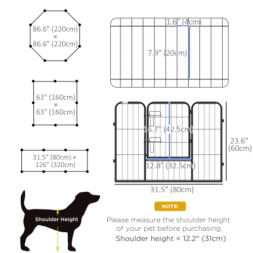 PawHut Dog Playpen, Wide 31.5"W Heavy-Duty Metal Puppy Play Pen, Pet Exercise Fences for Outside and Indoor, DIY Design with Door for Small Dogs, 8