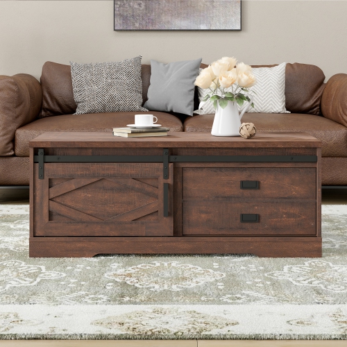 WAMPAT  Rectangular Coffee Table \w Sliding Barn Door, Rustic 2 In 1 Center Table \w Hidden Storage Compartment And Drawers for Living