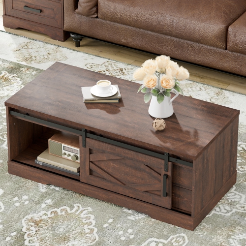 WAMPAT Rectangular Coffee Table with Sliding Barn Door,Rustic 2 in 1 Center Table with Hidden Storage Compartment and Drawers for Living