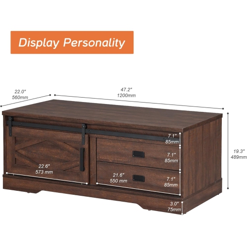 WAMPAT Rectangular Coffee Table with Sliding Barn Door,Rustic 2 in 1 Center Table with Hidden Storage Compartment and Drawers for Living