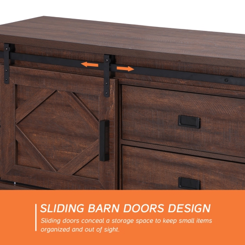 WAMPAT Rectangular Coffee Table with Sliding Barn Door,Rustic 2 in 1 Center Table with Hidden Storage Compartment and Drawers for Living