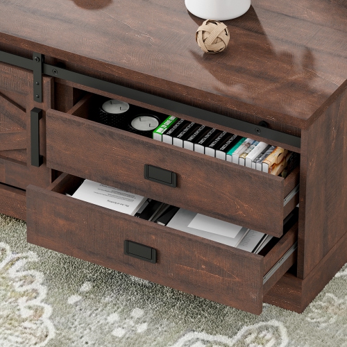 WAMPAT Rectangular Coffee Table with Sliding Barn Door,Rustic 2 in 1 Center Table with Hidden Storage Compartment and Drawers for Living