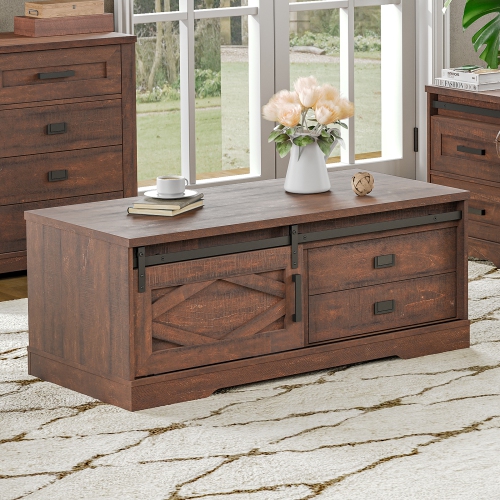WAMPAT Rectangular Coffee Table with Sliding Barn Door,Rustic 2 in 1 Center Table with Hidden Storage Compartment and Drawers for Living