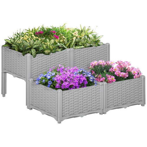 Outsunny 4 Piece Raised Garden Bed PP Raised Flower Bed Vegetable Herb Grow Box Stand Grey