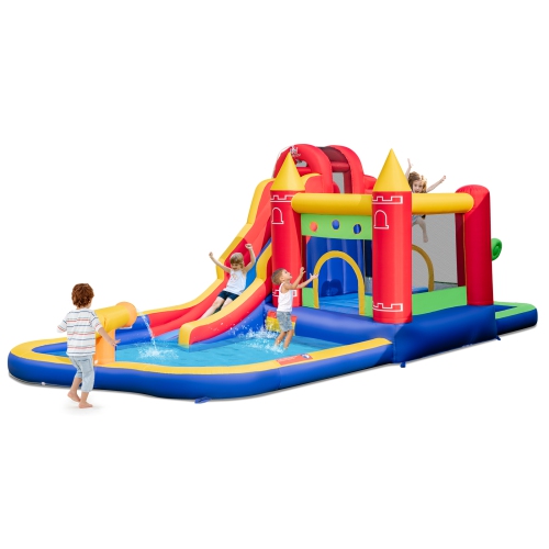 COSTWAY  9-In-1 Inflatable Bounce Castle With Waterslide Water Cannon for 3+ Without Blower