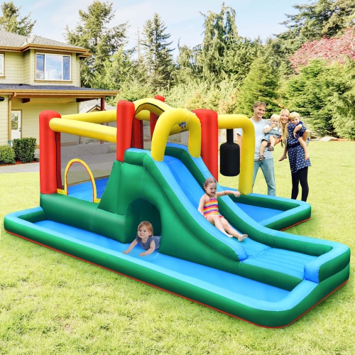 Costway Slide Water Park Climbing Bouncer Pendulum Tunnel Game with 680W Blower