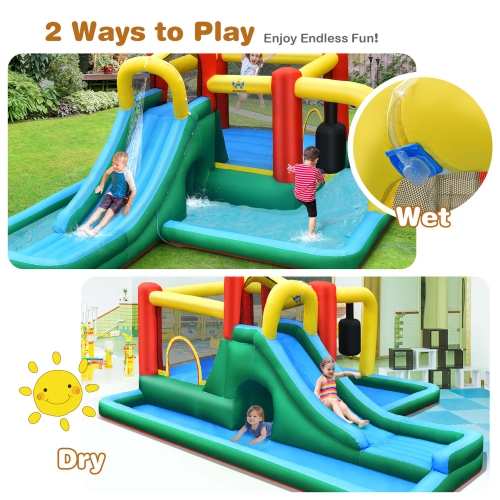 Costway Slide Water Park Climbing Bouncer Pendulum Tunnel Game with 680W Blower