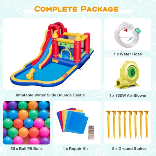 Costway 9-in-1 Inflatable Bounce Castle with Waterslide Water Cannon for 3+ with 735W Blower