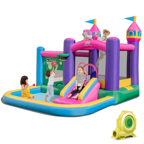 COSTWAY  6-In-1 Kids Inflatable Bounce House With Slide Jumping Area Ball Pit Pools Castle With 735W Blower