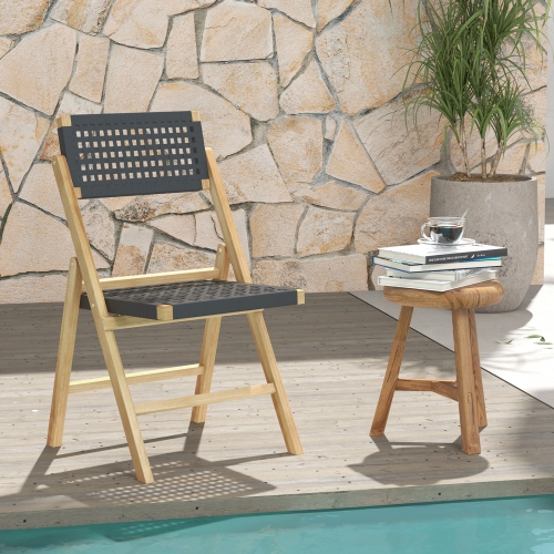 Costway 2 Piece Patio Folding Chairs with Woven Rope Seat & High Back Indonesia Teak Wood for Porch Natural&Black