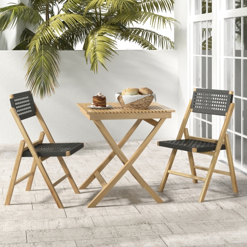 Costway 2 Piece Patio Folding Chairs with Woven Rope Seat & High Back Indonesia Teak Wood for Porch Natural&Black