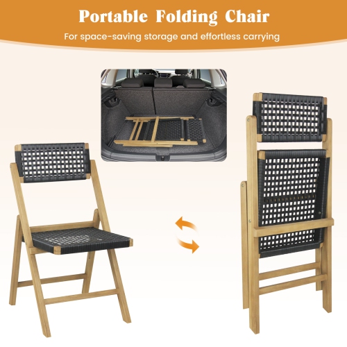 Costway 2 Piece Patio Folding Chairs with Woven Rope Seat & High Back Indonesia Teak Wood for Porch Natural&Black