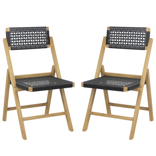 Costway 2 Piece Patio Folding Chairs with Woven Rope Seat & High Back Indonesia Teak Wood for Porch Natural&Black