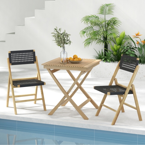 Costway 4 Piece Patio Folding Chairs with Woven Rope Seat & High Back Indonesia Teak Wood for Porch Natural&Black