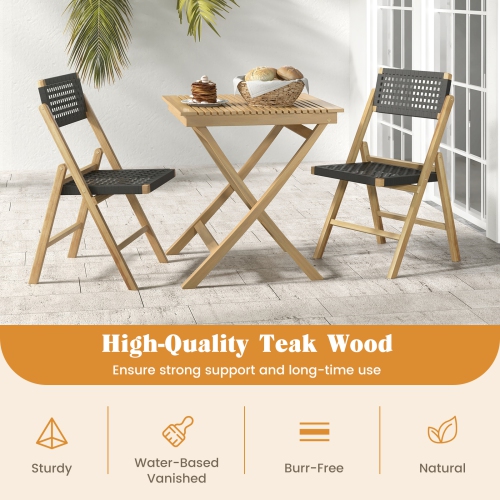 Costway 4 Piece Patio Folding Chairs with Woven Rope Seat & High Back Indonesia Teak Wood for Porch Natural&Black