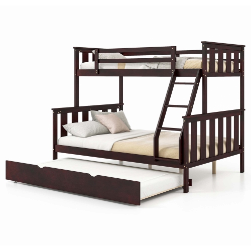 COSTWAY  Twin Over Full Bunk Bed With Trundle Ladder Safety Guardrails 3-In-1 Beds