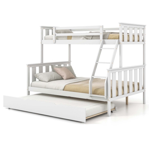 COSTWAY  Twin Over Full Bunk Bed With Trundle Ladder Safety Guardrails 3-In-1 Beds