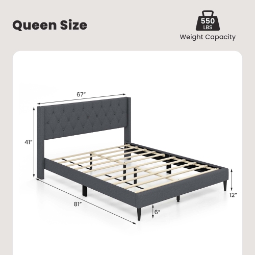 Costway Queen Size Upholstered Platform Bed with Button Tufted Wingback Headboard