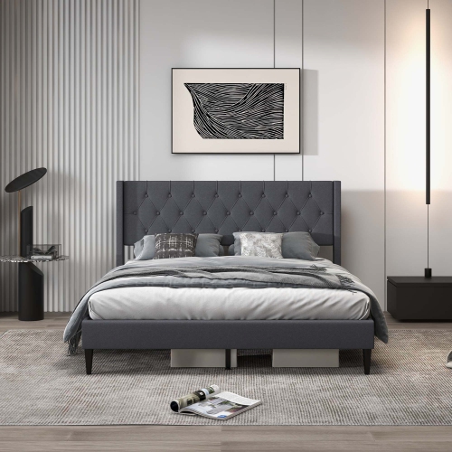 Costway Queen Size Upholstered Platform Bed with Button Tufted Wingback Headboard