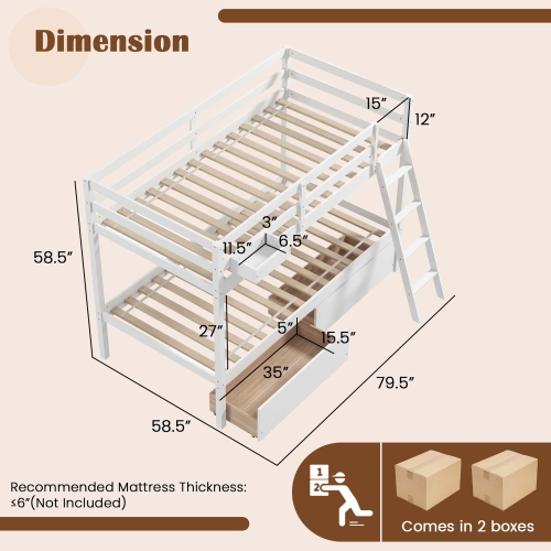 Costway Twin Over Twin Bunk Bed with 2 Storage Drawers Ladder No Box Spring Needed
