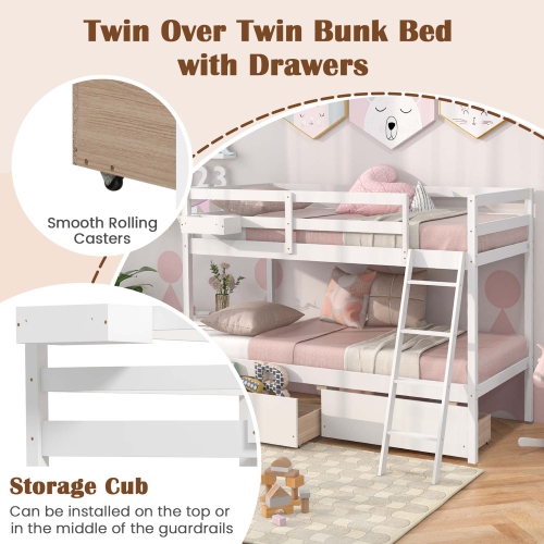 Costway Twin Over Twin Bunk Bed with 2 Storage Drawers Ladder No Box Spring Needed