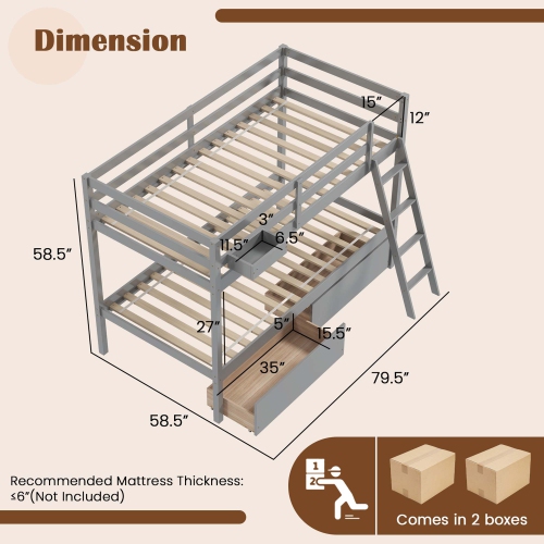 Costway Twin Over Twin Bunk Bed with 2 Storage Drawers Ladder No Box Spring Needed