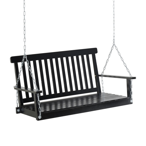 Outsunny 2-Seater Porch Swing Outdoor Patio Swing Chair Seat with Slatted Build, Hanging Chains, Fir Wooden Design, Black