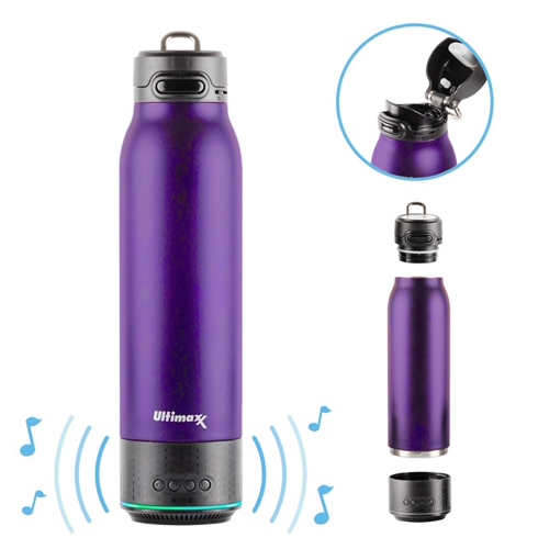 ULTIMAXX  Vacuum Insulated Premium Water Bottle W/rechargeable Bluetooth Speaker - Steel Double Wall + Lights - Deep In Purple