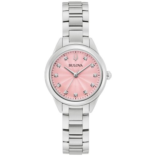 BULOVA WATCH  Bulova Ladies Sutton Quartz Watch 28MM Silver-Tone Stainless Steel Case And Bracelet With Dial (96P249) In Pink