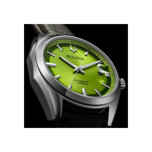 Montre automatique pour hommes Surveyor de Bulova avec boîtier en inox argenté et cadran vert 39&nbsp;mm - cuir brun