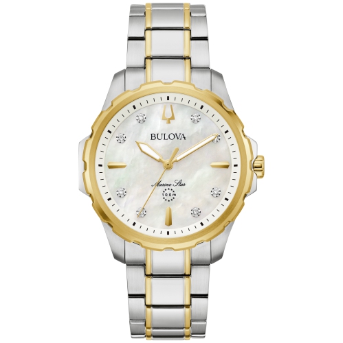 BULOVA WATCH  Bulova Ladies Marine Star Quartz Watch 36MM Two-Tone Stainless Steel Case And Bracelet With Dial (98P227) In White