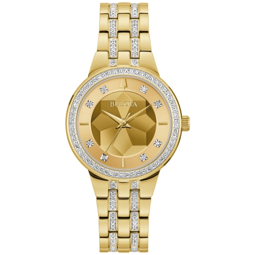 Bulova Ladies Phantom Quartz Watch 32.5mm Gold Tone Stainless Steel Case and Bracelet with Champagne Dial 97L176