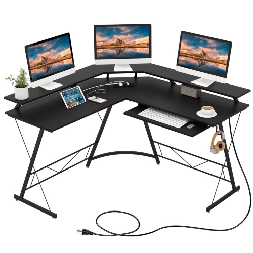 Costway L-shaped Computer Desk with Power Outlet 51" Corner Computer Workstation