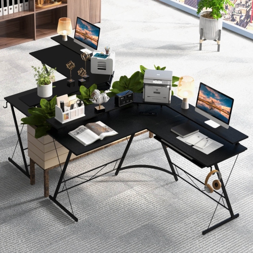 Costway L-shaped Computer Desk with Power Outlet 51" Corner Computer Workstation