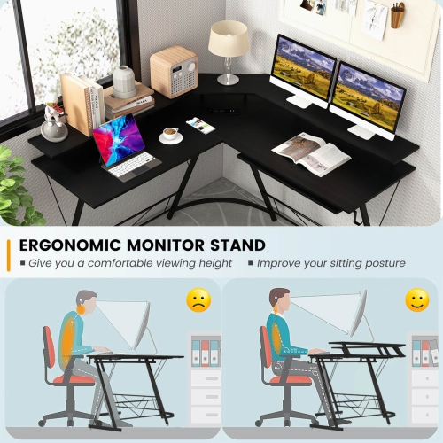 Costway L-shaped Computer Desk with Power Outlet 51" Corner Computer Workstation